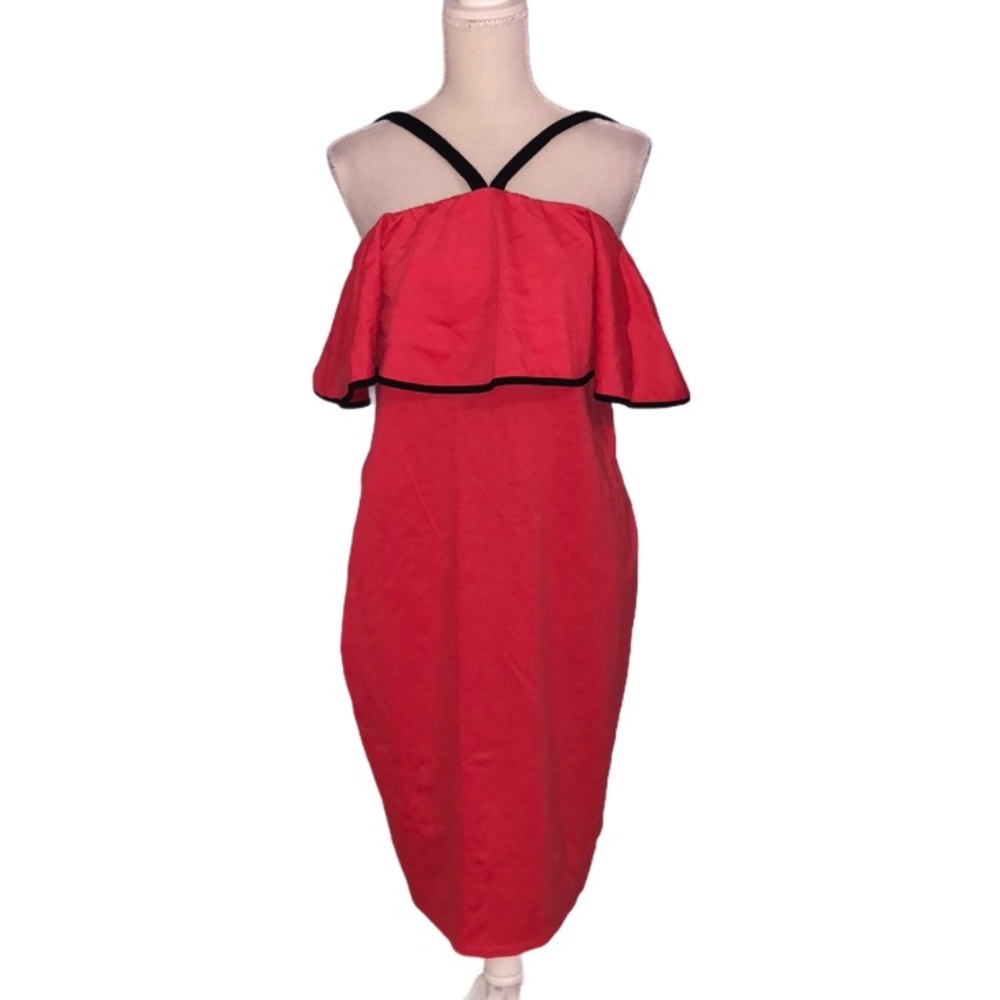 DEB coral and black off shoulder dress